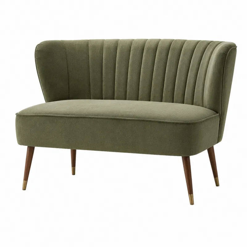Dwuosobowa sofa z tkaniny welurowej oliwkowej z drewnianymi nogami